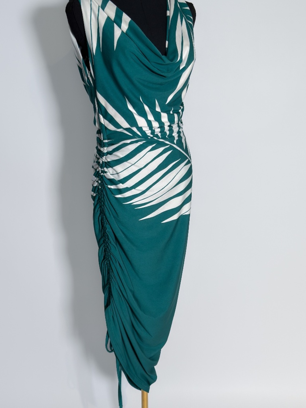 JLUXLABEL Green Leaf Ruched Cowl‑Neck Dress – Size M - Picture 6 of 10